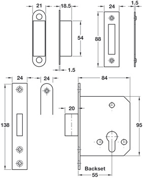 Riegel-Einsteckschloss, für Drehtüren, Startec, Profilzylinder