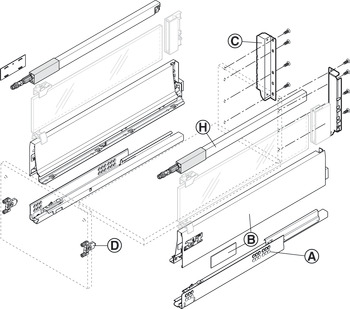 Frontauszug-Garnitur, Blum Tandembox antaro, mit Korpusschiene Blumotion, Reling C, Systemhöhe M, Zargenhöhe 83 mm