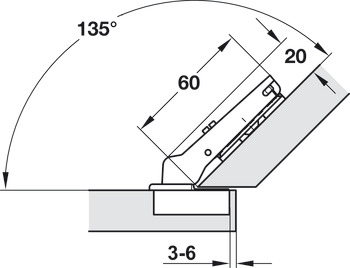 Topfscharnier, Häfele Duomatic 94°, für 45° Winkelanwendungen, aufschlagend