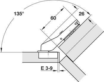 Topfscharnier, Häfele Metalla 510 110°, für 45°-Winkelanwendung, für bündige Fronten
