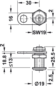 Chiusura a leva,con nucleo cilindro, fissaggio a dado, spessore porta ≤ 13 mm, su specifiche del cliente