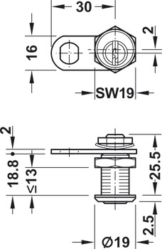 Serratura a leva, con nucleo cilindro, fissaggio a dado, spessore porta ≤ 13 mm, su specifiche del cliente