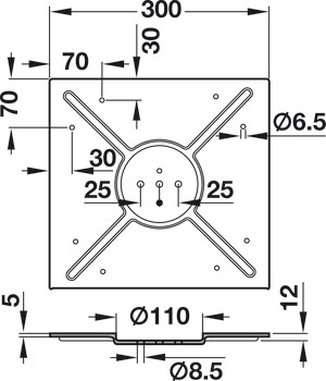 Base d'appoggio, tonda e quadrata, con piastra di fissaggio, per piani tavolo con Ø fino a 900 mm
