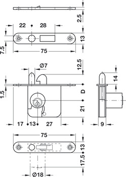 Cassa serratura da infilare, con cilindro a piastrine montato fisso, entrata 22 mm