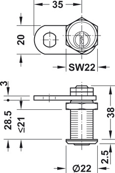 Chiusura a leva, con nucleo cilindro, fissaggio a dado, rotazione di chiusura 90° (reversibile, con chiusura obbligata), spessore anta ≤21 mm