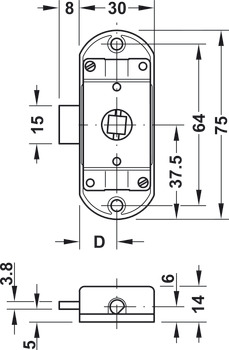 Serratura ad aste rotanti, Häfele Piccolo-Nova, sistema applicativo 30 mm, entrata 15 o 25 mm
