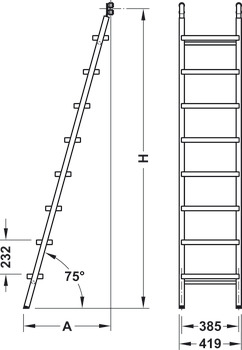 Scala scorrevole, Service+ su misura, con gradini in legno, supporti per gradini in acciaio inox