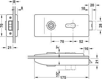 Serratura con foro per cilindro profilato porta in cristallo, GHR 202 e 203, Startec