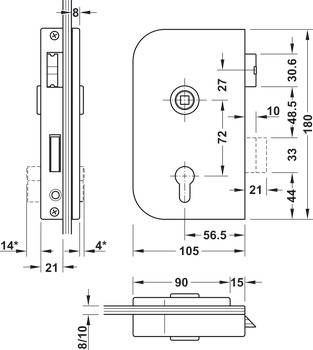Serratura con foro per cilindro profilato porta in cristallo, GHP 103, Startec