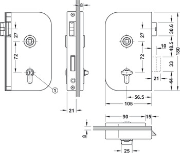 Serratura bagno/WC-porta in cristallo, GHP 103, Startec