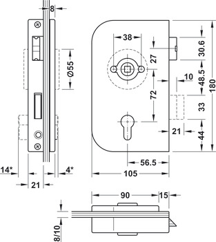 Serratura con foro per cilindro profilato porta in cristallo, GHP 103, Startec
