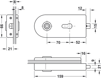 Serratura con foro per cilindro profilato porta in cristallo, GHR 112 e 113, Startec