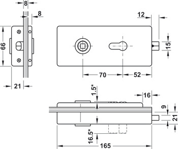 Serratura con foro per cilindro profilato porta in cristallo, GHR 412 e 413, Startec