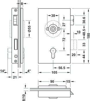 Serratura con foro per cilindro profilato porta in cristallo, GHP 203, Startec