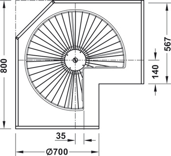 Guarnitura girevole ¾ di cerchio, Häfele, per mobili base ad angolo, con cestelli/ripiani
