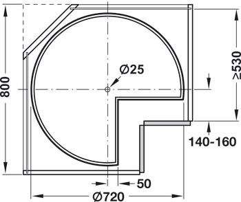 Ripiano girevole ¾ di cerchio, mobile angolare, anta a 90°, per mobile base 800 x 800 mm