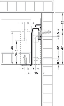 Sistema di spondine monoparete, Häfele Matrix Box Single A25, uscita parziale, altezza 54 mm, bianco, RAL 9010