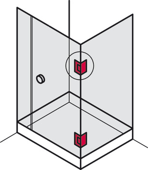 Cerniera per porte doccia, per collegamento vetro-vetro, frontale in cristallo a 90°