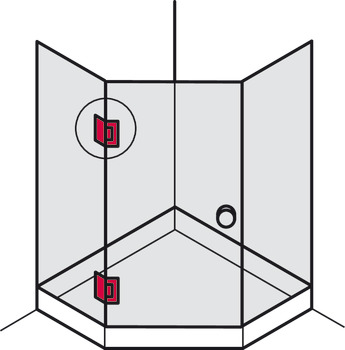 Cerniera per porte doccia, per collegamento vetro-vetro, frontale in cristallo a 135°