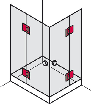 Cerniera per porte doccia, per collegamento vetro-vetro, frontale in cristallo a 180°
