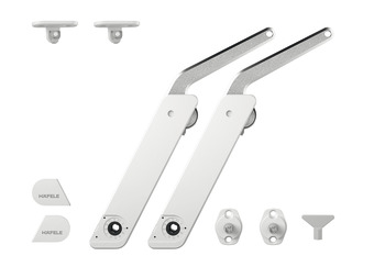 Guarnitura per ante a ribalta, Häfele Free flap H 1.5 - plastica con braccio di supporto metallico, set da 2 per applicazione su due lati